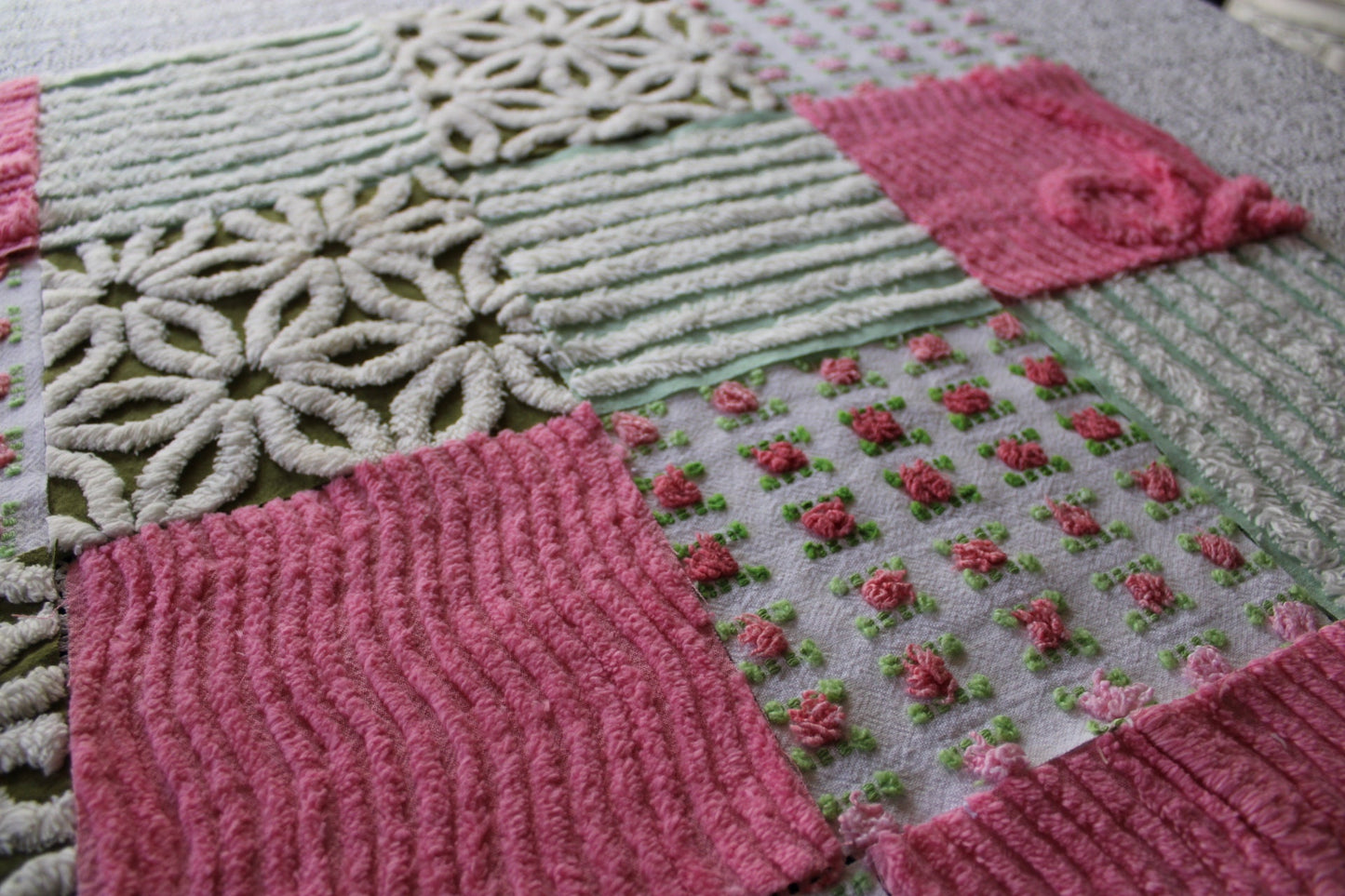 boho daisy rose vintage 6" chenille fabric squares, set of 16 textured quilt blocks in olive green, rosy pinks & white for sewing, crafts
