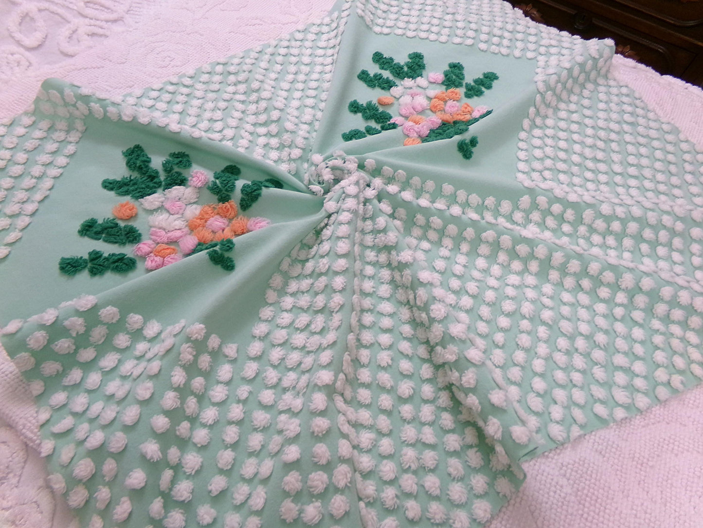 jade green floral vintage chenille fabric: handmade antique cotton sewing material for quilting, crafts, 31" x 24" piece