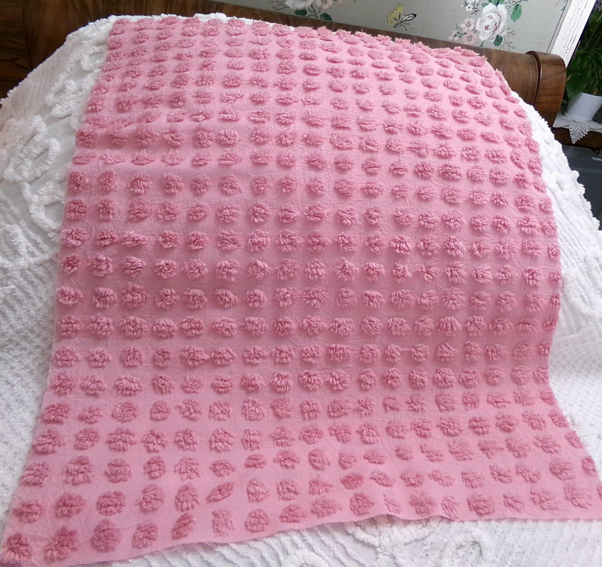 Pink Puffer Pops Vintage Chenille Fabric, Windswept Bobble Tufts, 18x24"