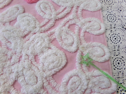 Strawberry Pink Vintage Chenille Fabric Whimsical Floral Sewing Material 21" x 21"