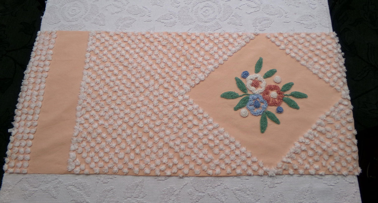 Peach Wildflower Vintage Chenille Bedspread Fabric, 15" x 33" Piece Sewing & Quilt Material