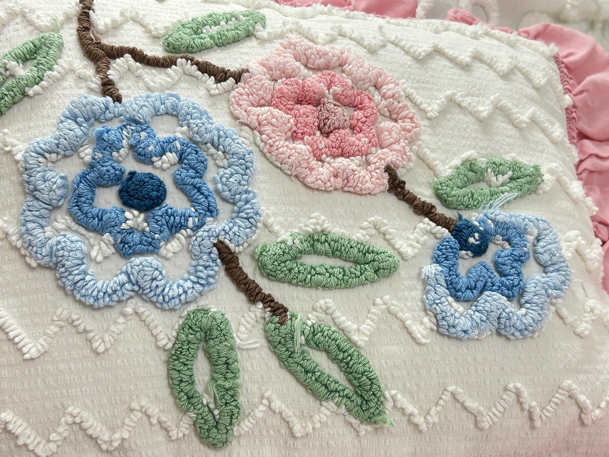 Cottage Ruffled Vintage Chenille Pillow Cover Reversible Floral Rectangle Shape