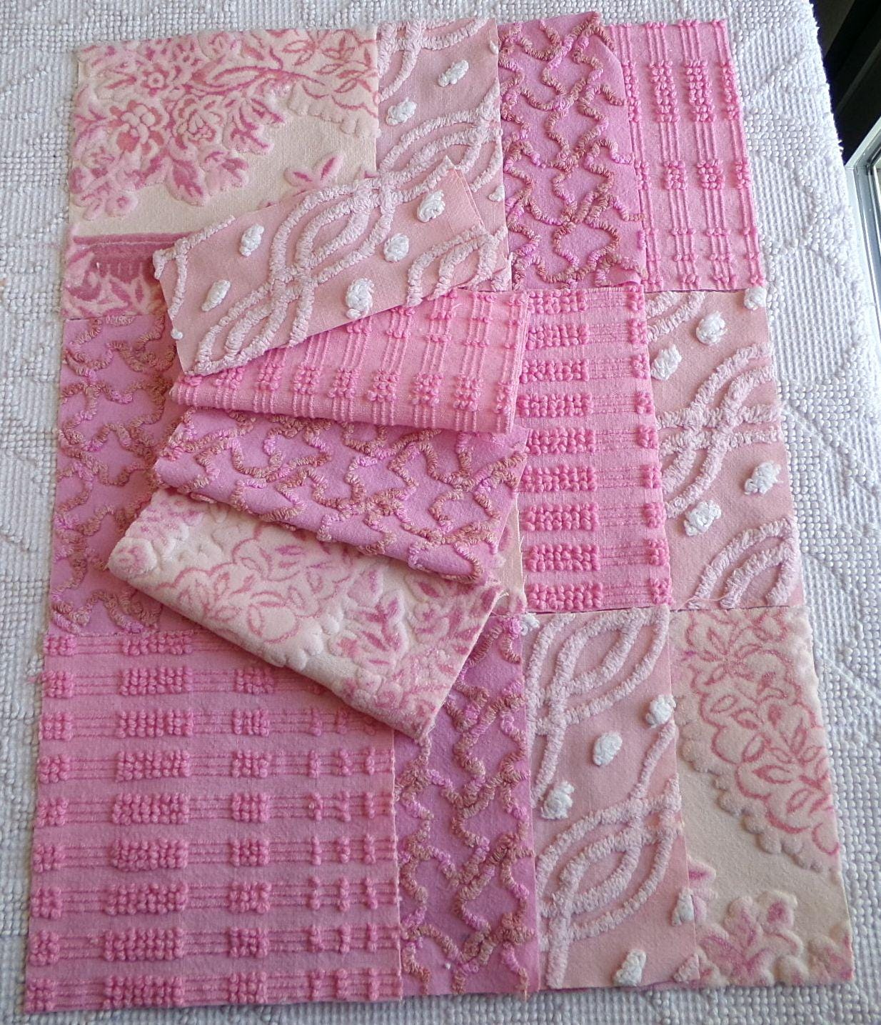 pixie princess velvet & chenille fabric squares, set of 16 pink vintage 6" quilt blocks for crafting, quilt inlays, pillows, fiber arts