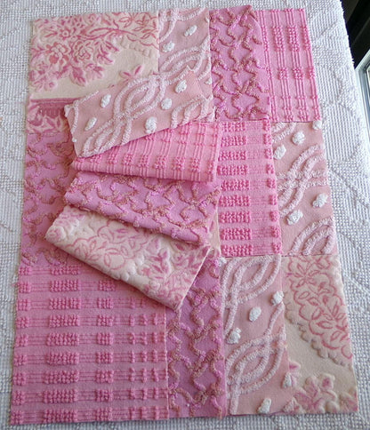 pixie princess velvet & chenille fabric squares, set of 16 pink vintage 6" quilt blocks for crafting, quilt inlays, pillows, fiber arts