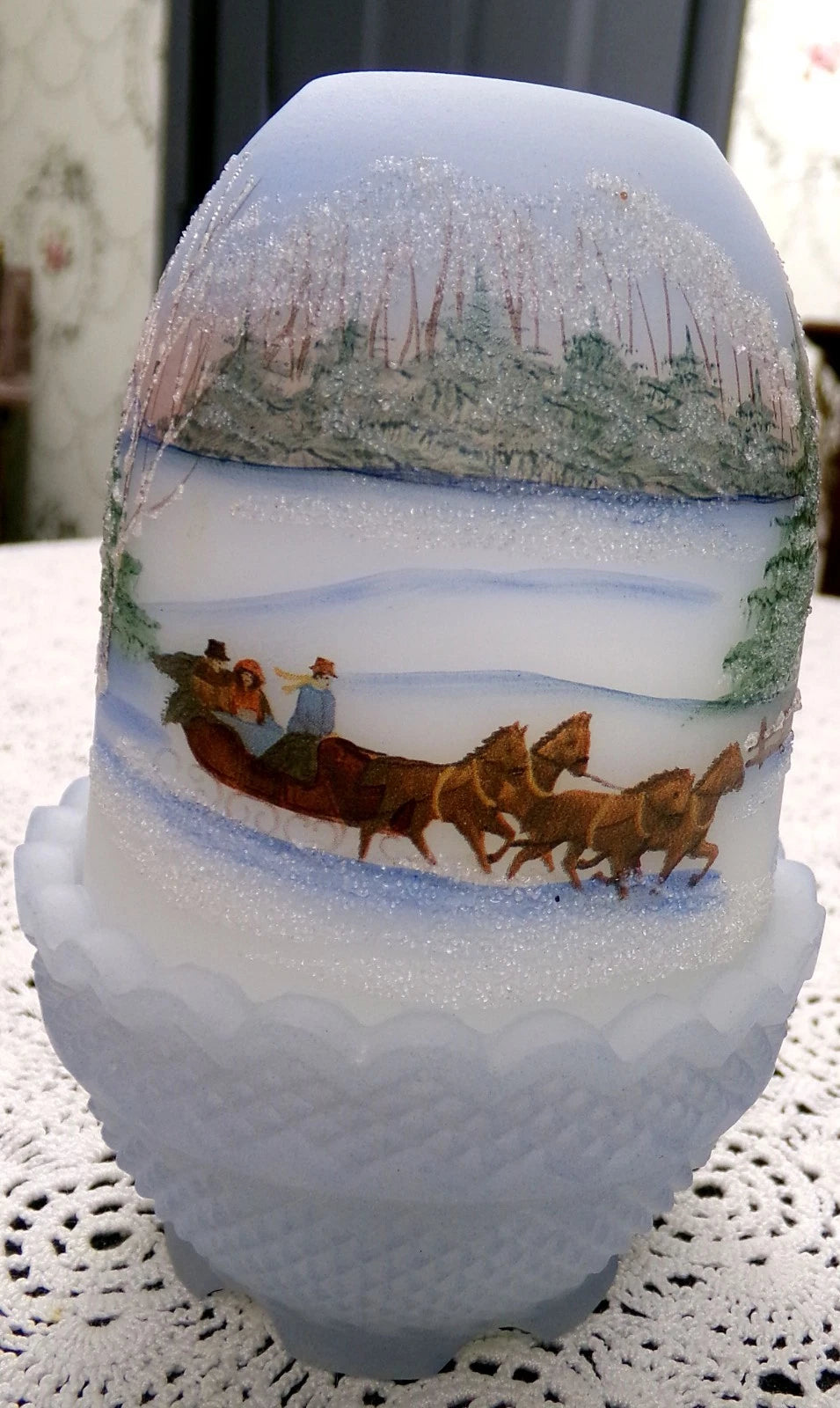 Vintage Fenton Fairy Lamp Country Horse Snow Handpainted Fredrick 1990 #477