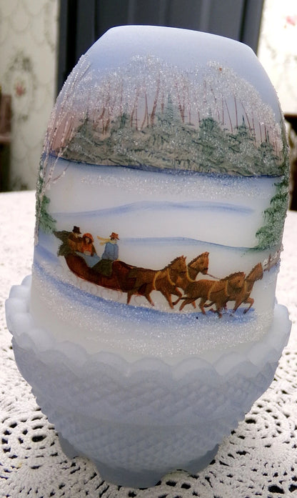 Vintage Fenton Fairy Lamp Country Horse Snow Handpainted Fredrick 1990 #477