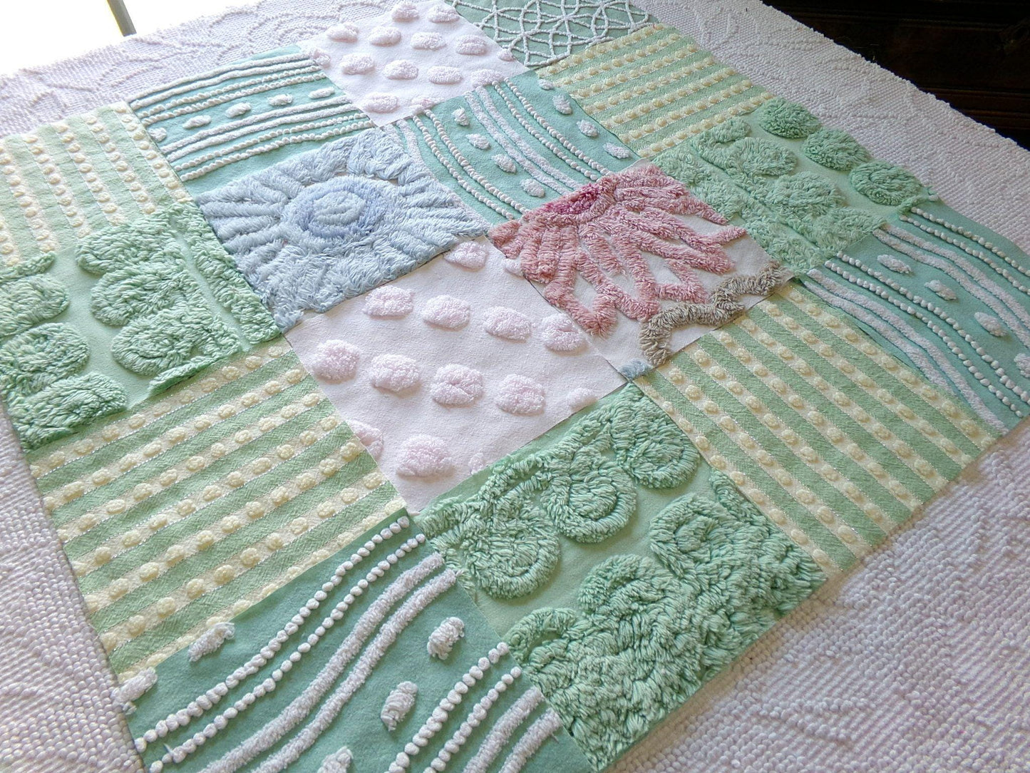 vintage 6" chenille fabric squares, garden path greens, set of 16 lovely craft blocks rotary cut from vintage chenille bedspreads