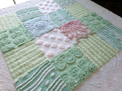 vintage 6" chenille fabric squares, garden path greens, set of 16 lovely craft blocks rotary cut from vintage chenille bedspreads