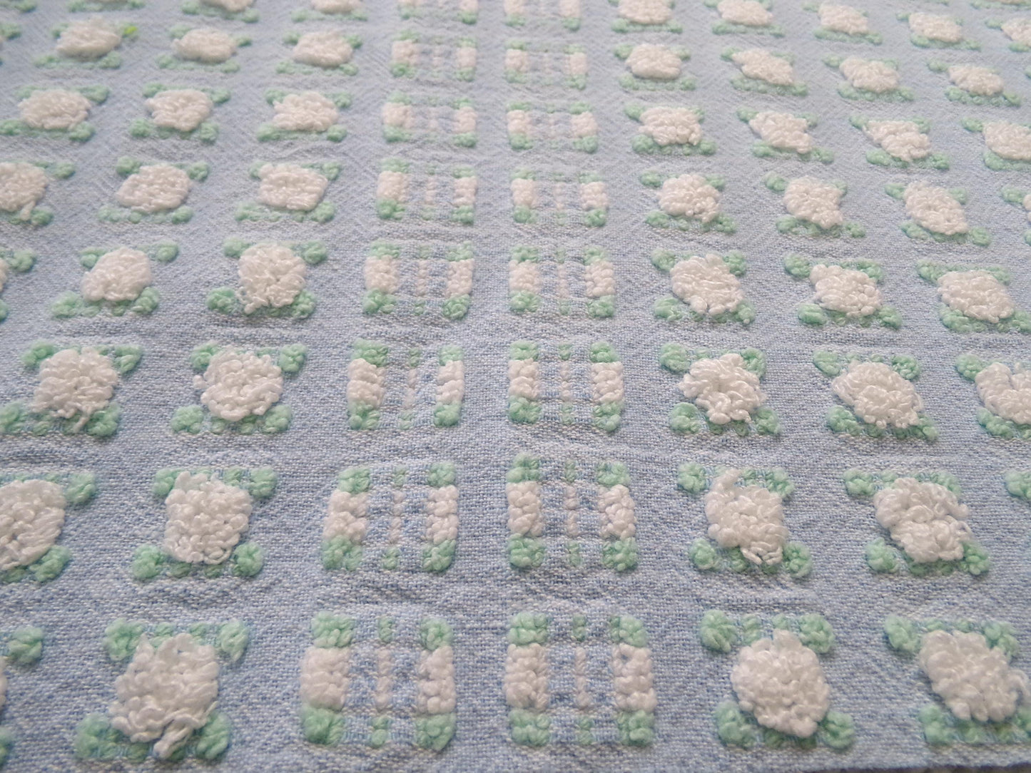 White Rosebud Vintage Blue Chenille Fabric, Shabby Phantom Rose Morgan Jones, 19x26"