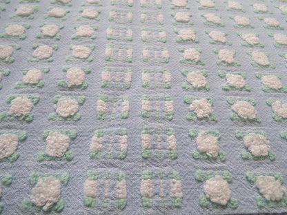 White Rosebud Vintage Blue Chenille Fabric, Shabby Phantom Rose Morgan Jones, 19x26"