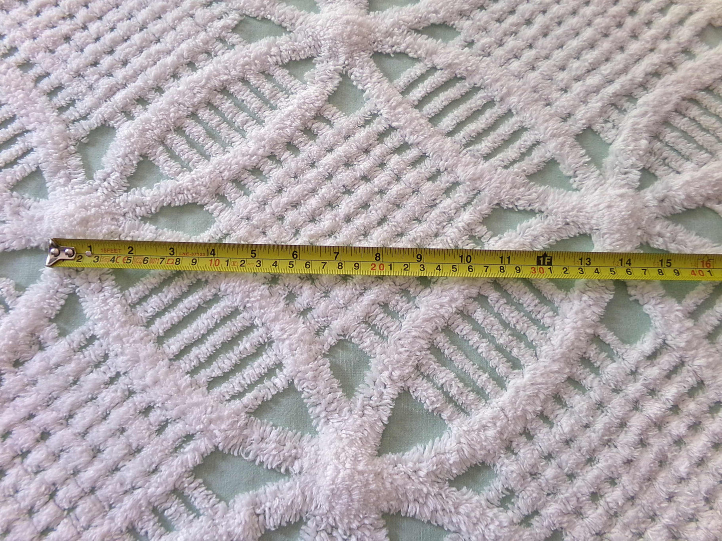 Mint Green Vintage Chenille Quilt Fabric, 21" x 30" inch Piece, White Geometric Wedding Ring Pattern