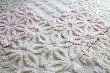 Baby's Breath Chenille Fabric Squares Set in White & Pink, Cut from Vintage Chenille Bedspread Material, 16 Blocks, 6" x 6" inch each