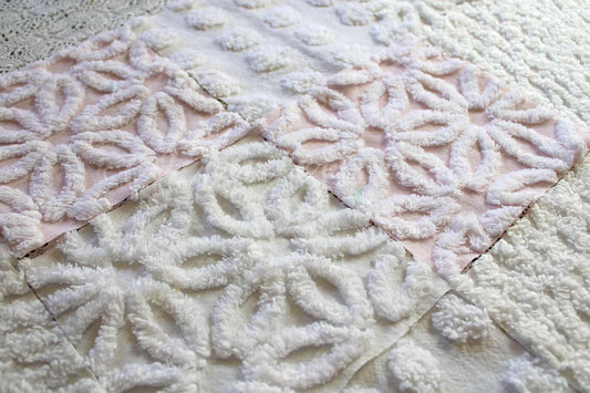 Baby's Breath Chenille Fabric Squares Set in White & Pink, Cut from Vintage Chenille Bedspread Material, 16 Blocks, 6" x 6" inch each