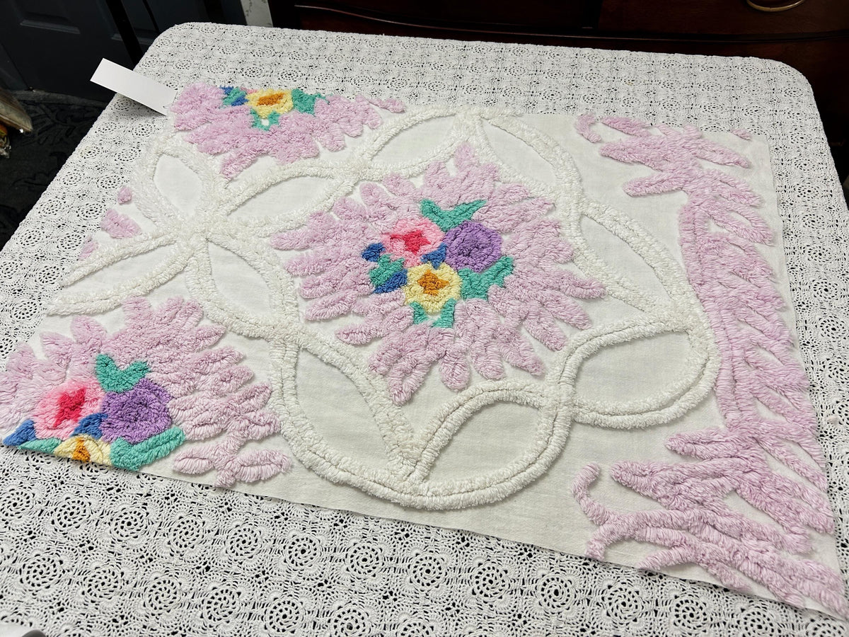 Vintage Chenille Fabric, Lavender Pink Floral Tufted 18x26" Craft Piece