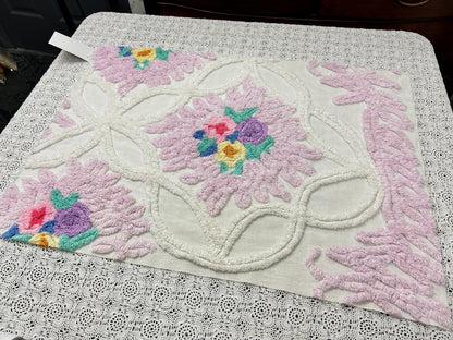 Vintage Chenille Fabric, Lavender Pink Floral Tufted 18x26" Craft Piece