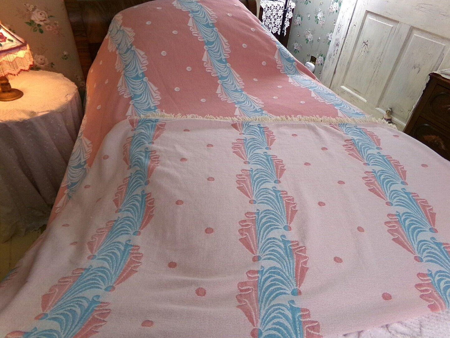 old hollywood regency style vintage woven bedspread, pink fieldcrest twin coverlet