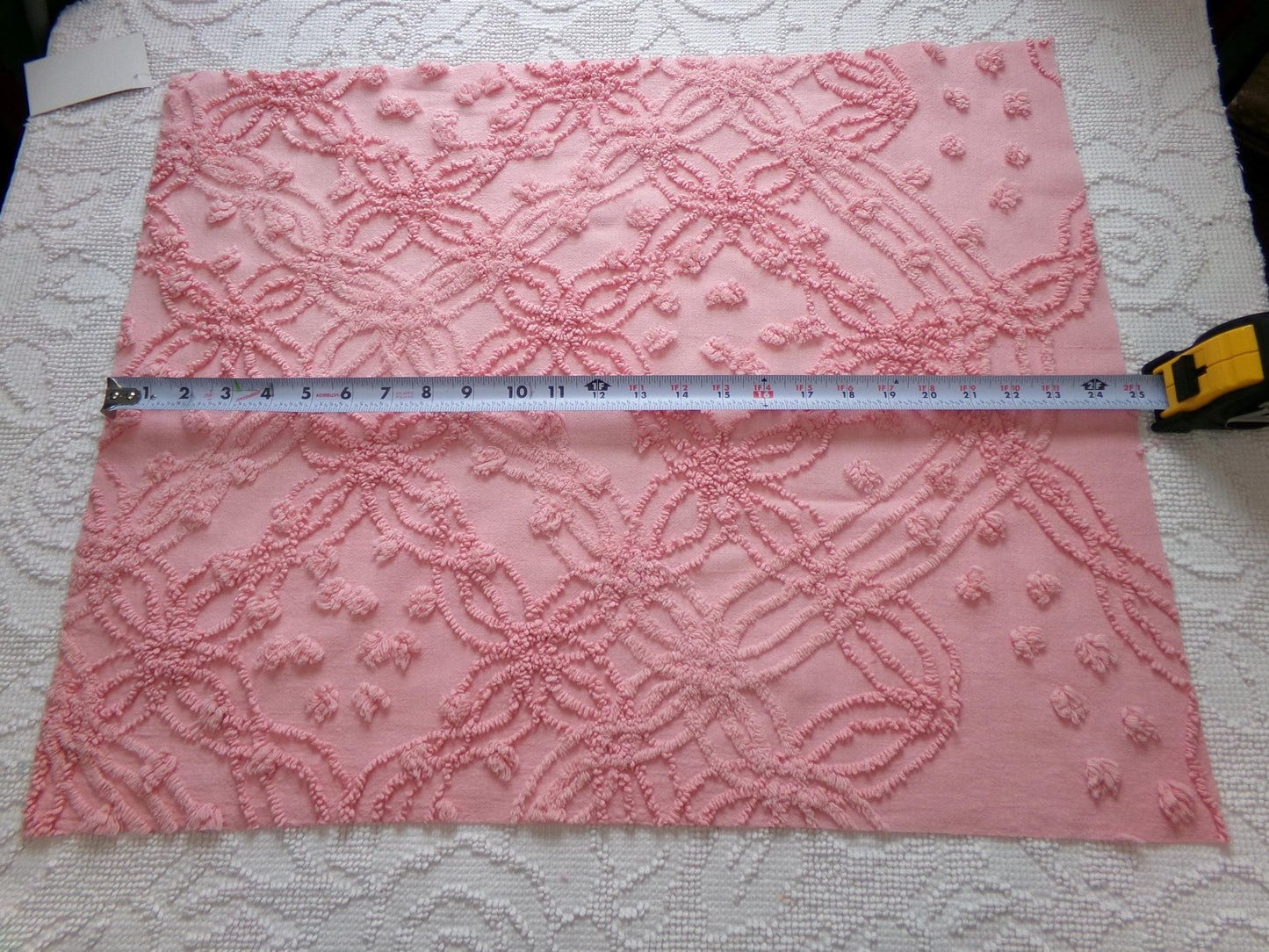 bubblegum pink vintage chenille bedspread fabric, geometric design, 18" x 24"