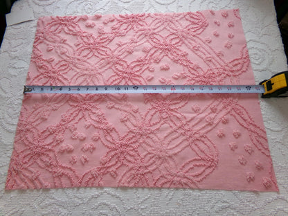 bubblegum pink vintage chenille bedspread fabric, geometric design, 18" x 24"