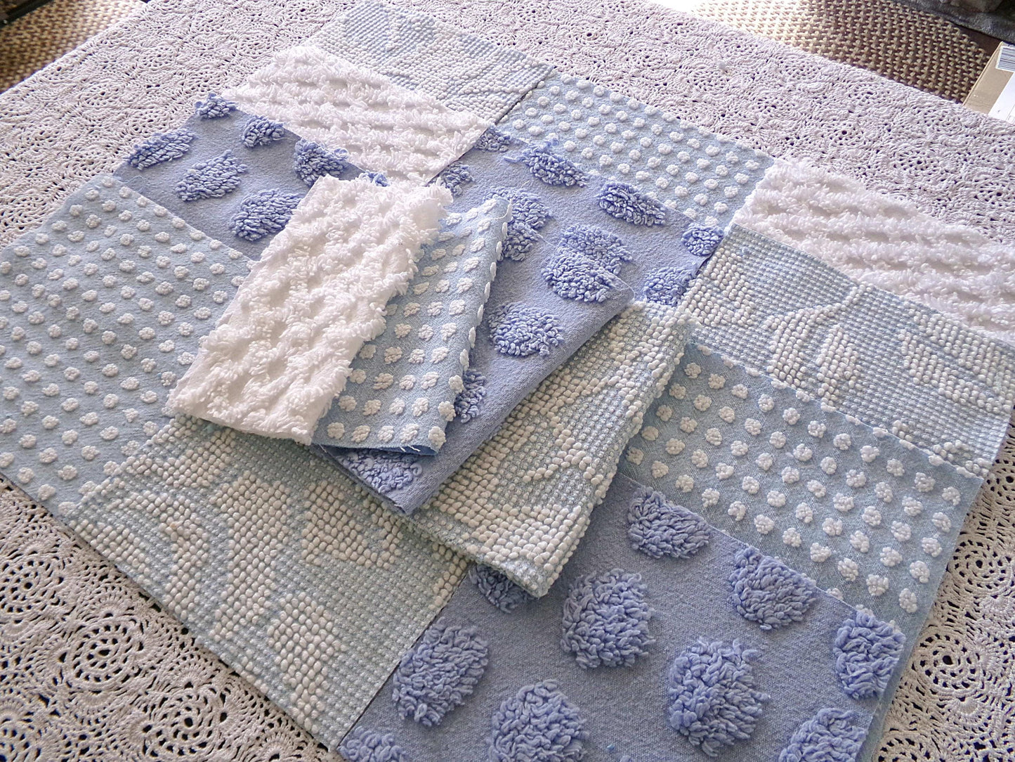 blue chenille fabric squares, set of 16 vintage 6" quilt blocks in coastal blues & white textures
