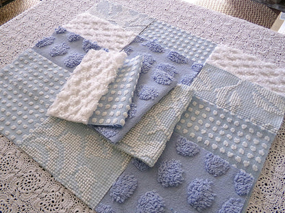 blue chenille fabric squares, set of 16 vintage 6" quilt blocks in coastal blues & white textures