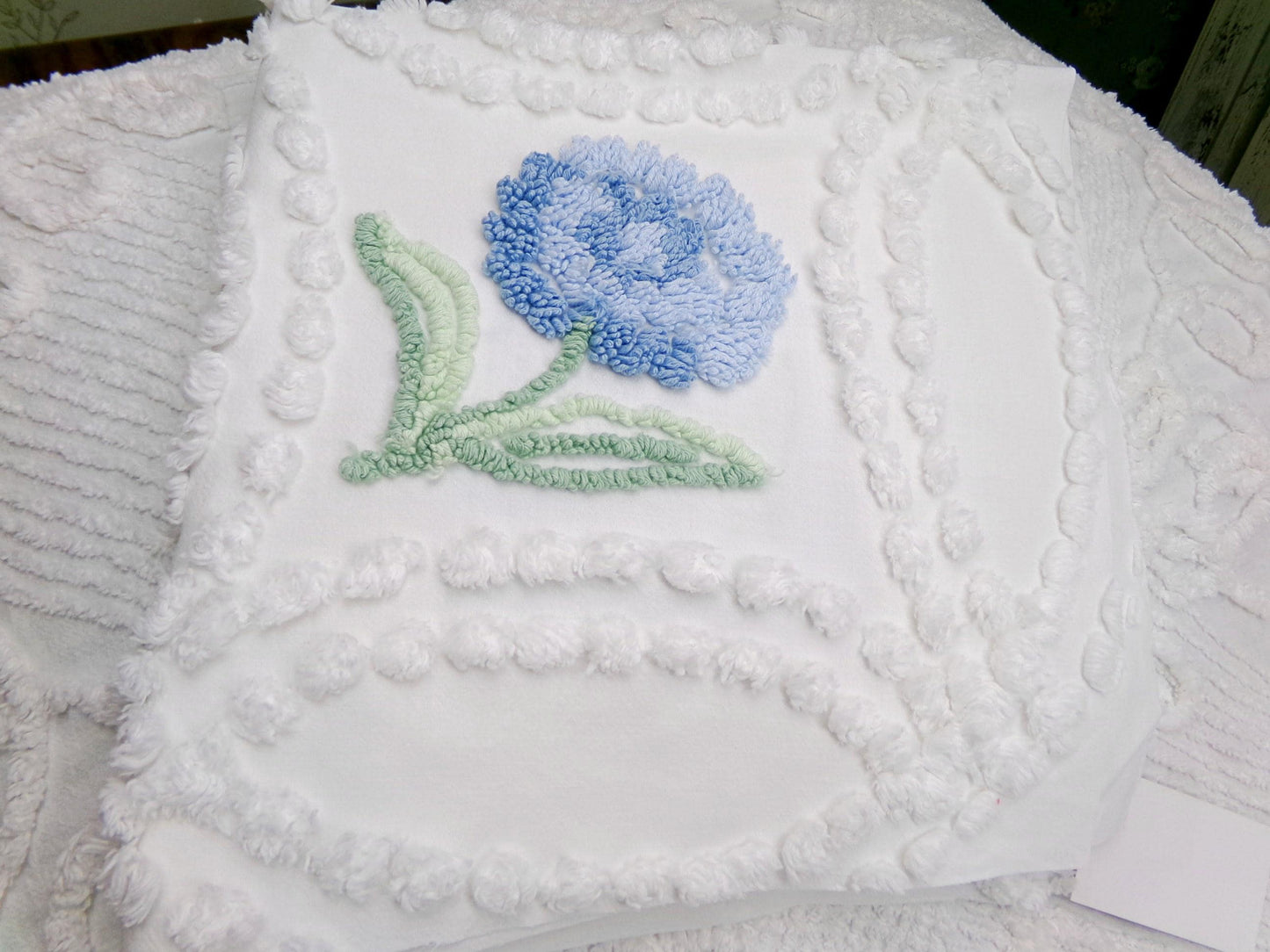Plush Blue Mum Vintage Chenille Fabric, Tufted Floral on White Cotton 23" x 23" Piece of Sewing Material