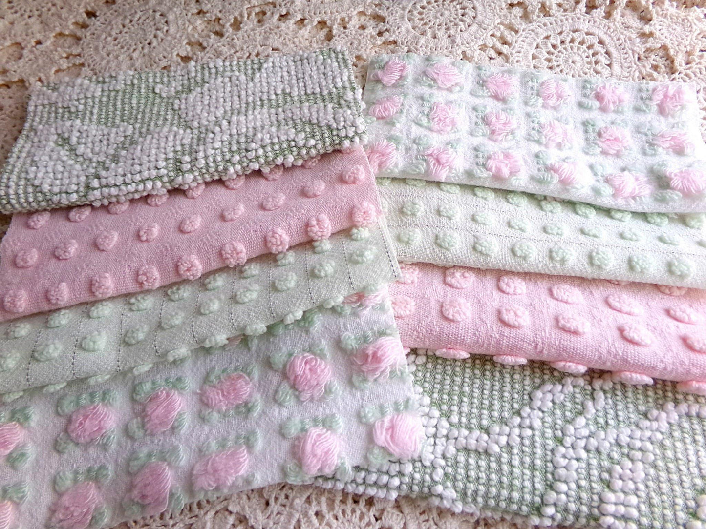 blossom & botanical vintage chenille fabric squares, rotary cut set of 16 quilt blocks 6" each in pink, green