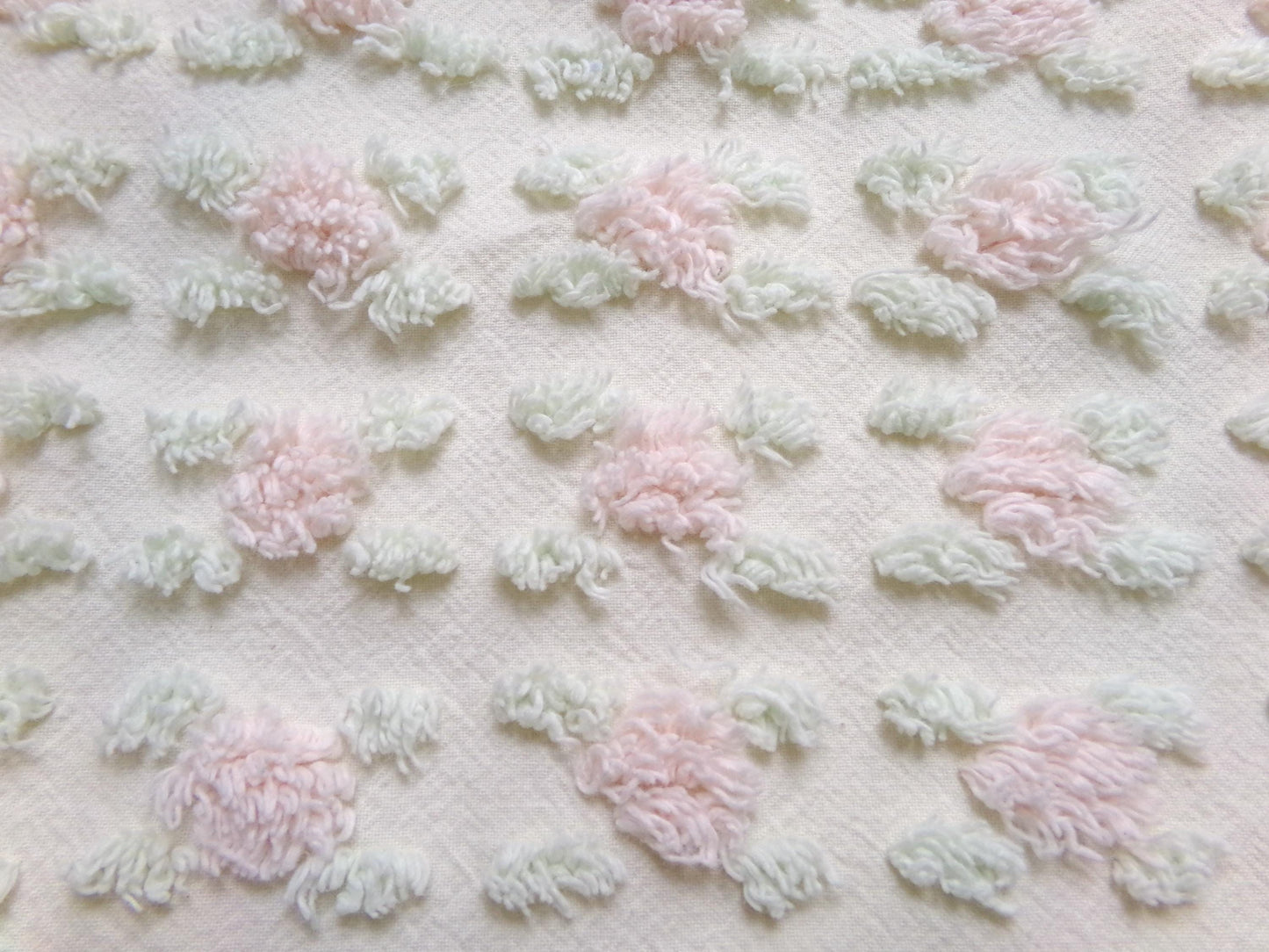 Creamy Vanilla Pink Rosebud Vintage Chenille Bedspread Fabric, 18 x 24"