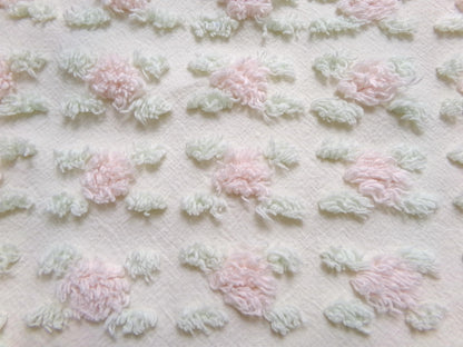 Creamy Vanilla Pink Rosebud Vintage Chenille Bedspread Fabric, 18 x 24"