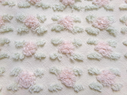 Creamy Vanilla Pink Rosebud Vintage Chenille Bedspread Fabric, 18 x 24"