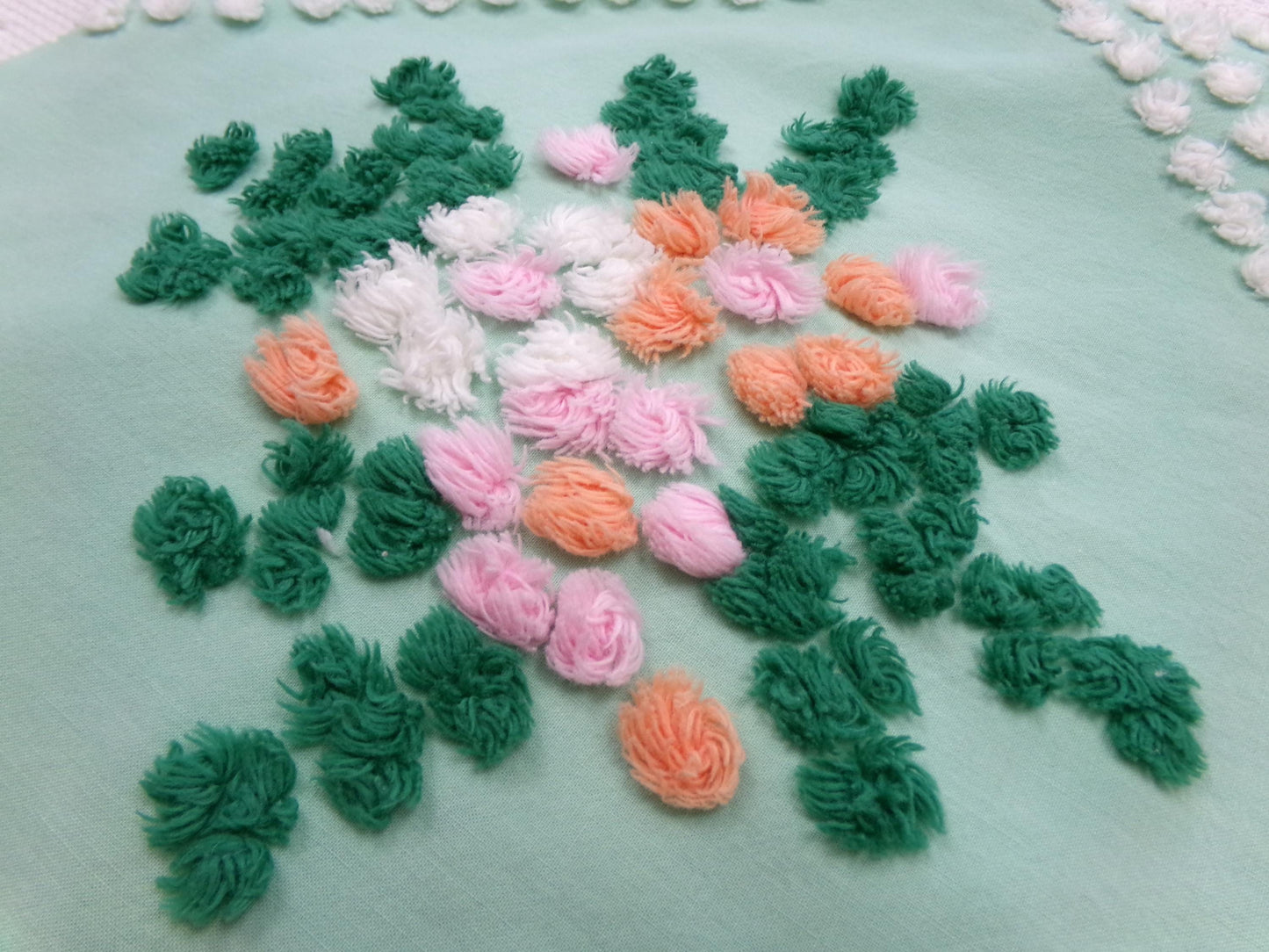 jade green floral vintage chenille fabric: handmade antique cotton sewing material for quilting, crafts, 31" x 24" piece