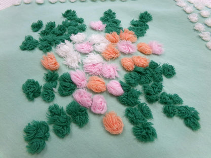 jade green floral vintage chenille fabric: handmade antique cotton sewing material for quilting, crafts, 31" x 24" piece