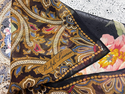 Vintage Ralph Lauren Sheer Scarf Black Floral Tulips Peonies Paisley Border