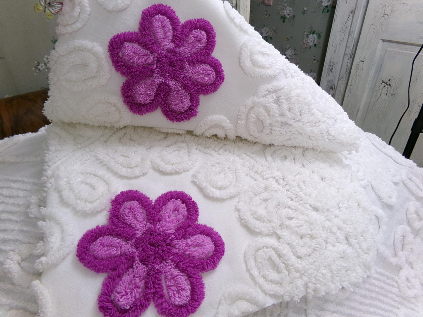 Violets in Snow Vintage Cotton Chenille Fabric - Plush Florals in White Curlicues, Quilt & Craft Material, 20" x 17" Piece