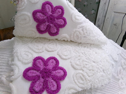 Violets in Snow Vintage Cotton Chenille Fabric - Plush Florals in White Curlicues, Quilt & Craft Material, 20" x 17" Piece