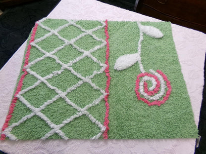 Pink Lollipop Flower Vintage Style Chenille Fabric Apple Green 22 x 27" Sewing Material