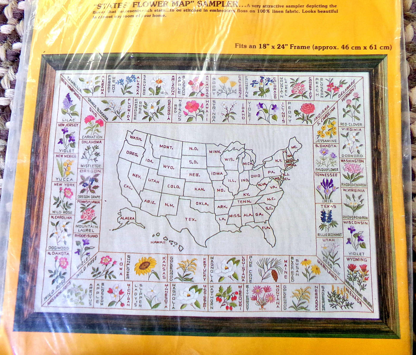 STATES' FLOWER MAP Sampler Vintage Paragon Crewel Embroidery Kit 0449 50 United States Floral Stitchery