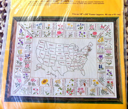 STATES' FLOWER MAP Sampler Vintage Paragon Crewel Embroidery Kit 0449 50 United States Floral Stitchery