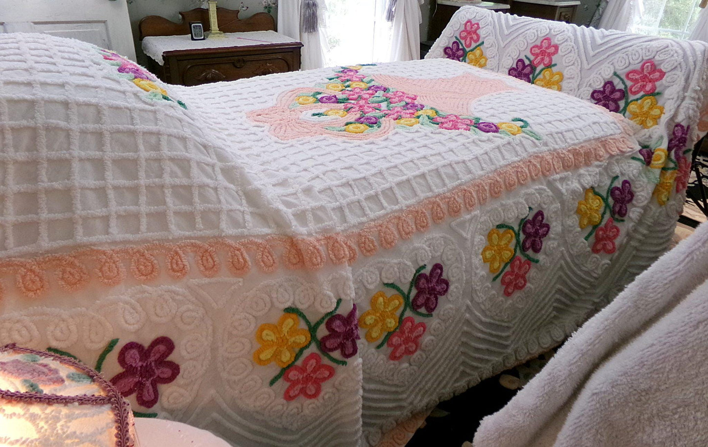 Basket of Happiness Vintage Chenille Bedspread Cheerful Cottage Hearts, Full Size