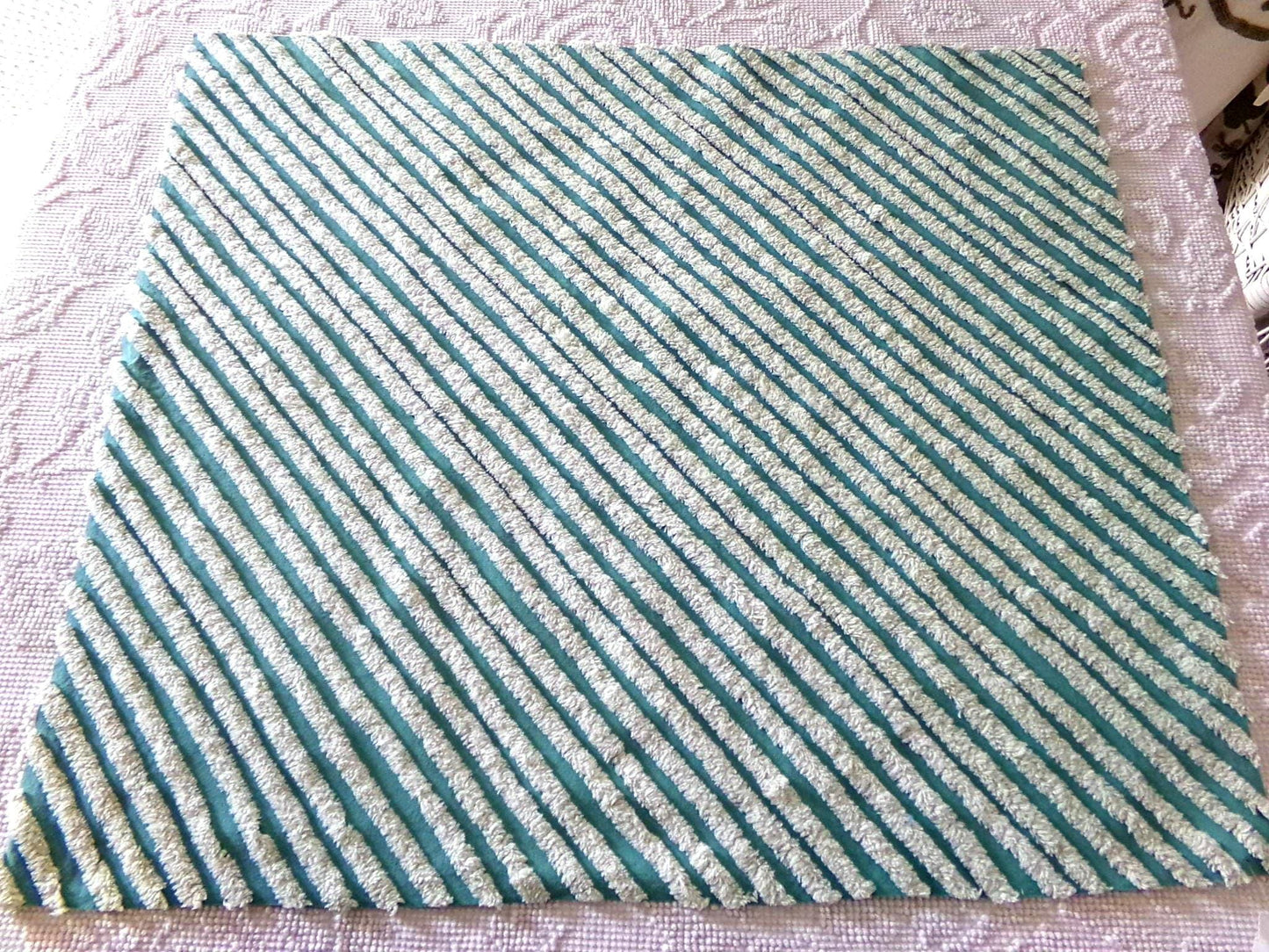 eyecatching plush stripes vintage chenille fabric, tonal green diagonal striped lines, 22" x 25" inch piece of sewing quilt material