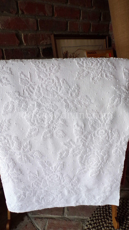 Heavenly White Vintage Chenille Fabric, Cabbage Roses & Dainty Dots, 20" x 30" inch Piece of Sewing Material, Elegant in Quilts, Pillows