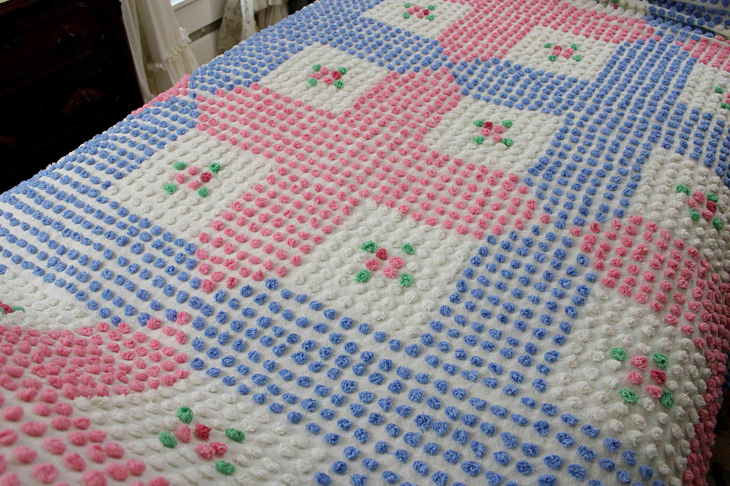 Rare Vintage Chenille Bedspread, Tufted Pink & Blue Popcorns with Rose Pop Flowers, Anne Orr for Cabin Crafts, Full Size Cottage Bedding