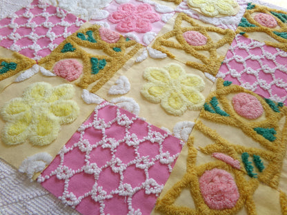 vintage chenille fabric squares, "secret garden" set of 16 floral 6" quilt blocks in yellow, rose pink, gold