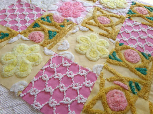 vintage chenille fabric squares, "secret garden" set of 16 floral 6" quilt blocks in yellow, rose pink, gold