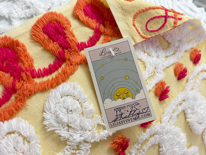 Happy Yellow Vintage Chenille Bedspread Fabric, Boho Red Flower Curlicues 13x25"