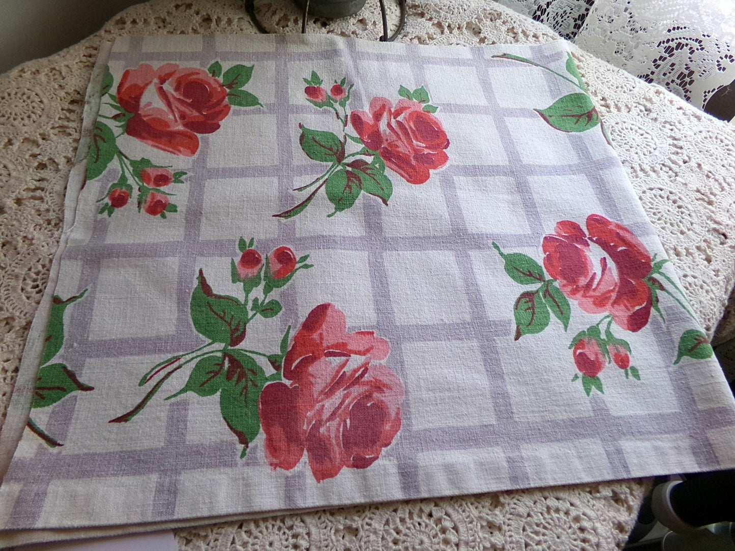 Red Roses Lattice Vintage Fabric Piece, Midcentury Style 14" x 31" inches for sewing material, upcycling