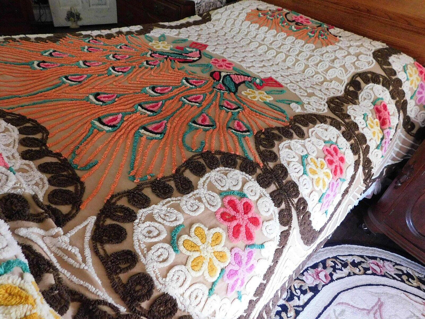 Boho Vintage Peacock Chenille Bedspread, "Opposites Attract" Lovebirds, FULL Sz