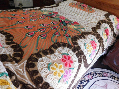Boho Vintage Peacock Chenille Bedspread, "Opposites Attract" Lovebirds, FULL Sz