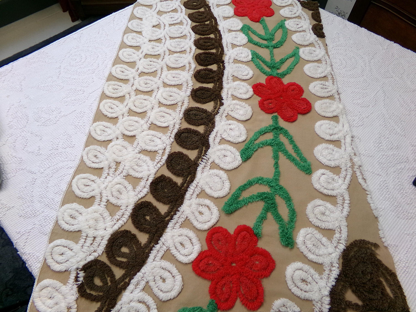 chocolate cherry vintage chenille fabric, delicious arc floral design, 18" x 28" piece