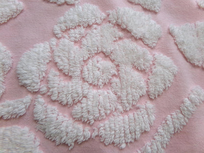 sculpted rose pink vintage chenille fabric, stylized roses cottage chic sewing material, 24" x 20" piece