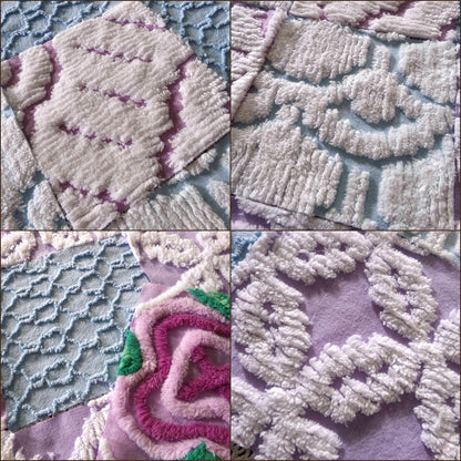 sleep softly chenille fabric squares, serene blue, lilac & white, 17 vintage quilt blocks 6" x 6" inch, for pillows, quilting, crafts